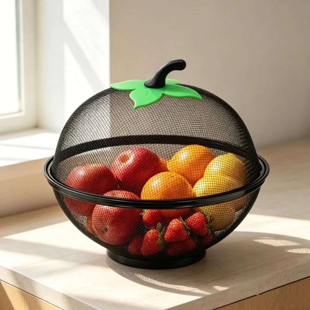 Apple-Shaped Metal Fruit Basket with Mesh Lid