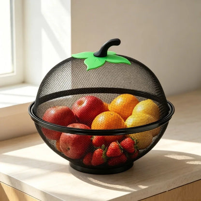 Apple-Shaped Metal Fruit Basket with Mesh Lid
