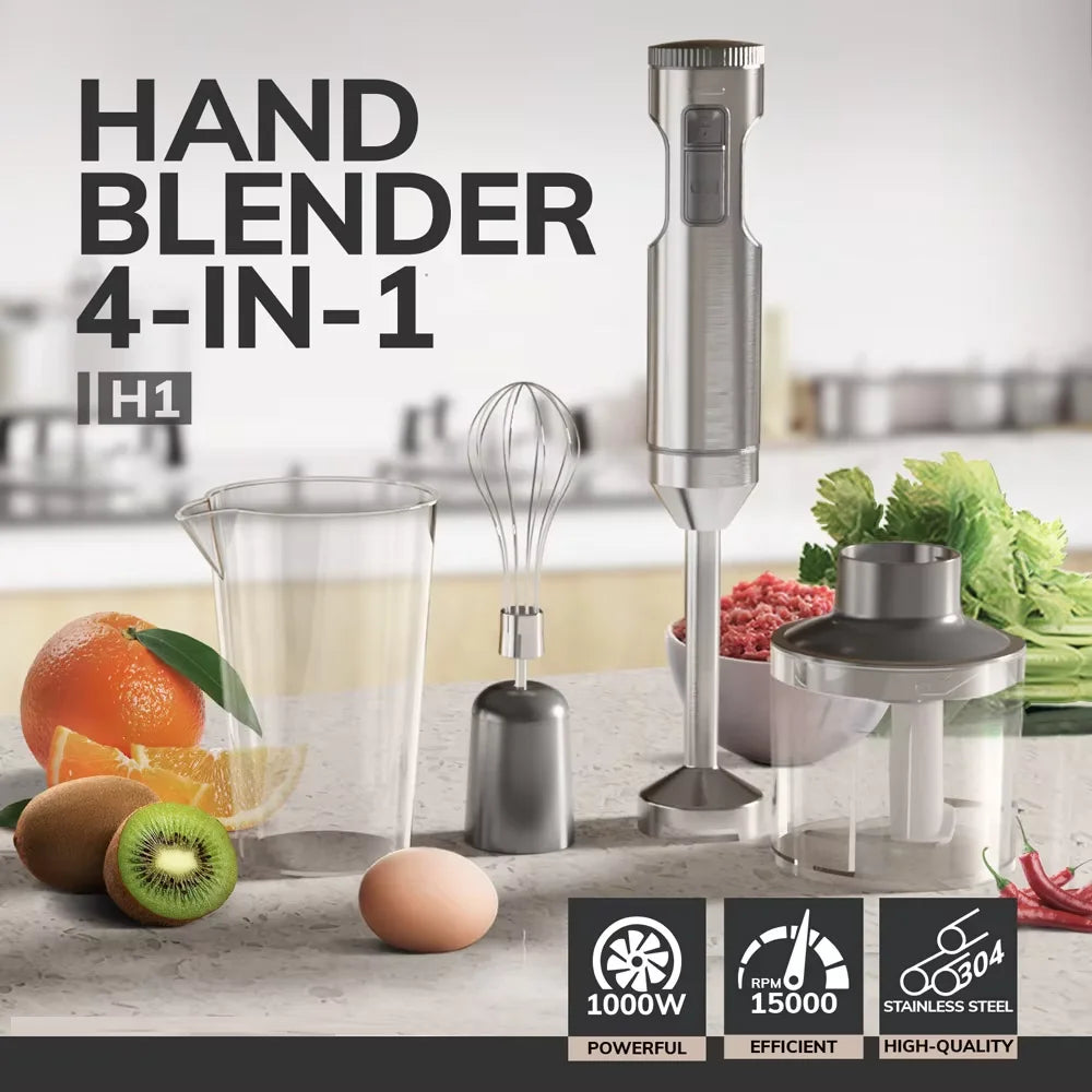Hand Immersion Blender 4-in-1, 1000W Stainless Steel Stick Blender