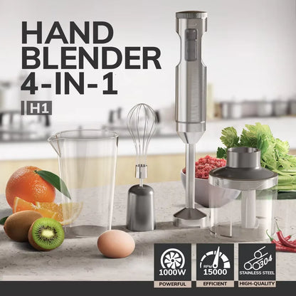 Hand Immersion Blender 4-in-1, 1000W Stainless Steel Stick Blender