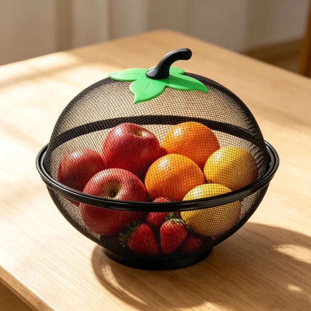 Apple-Shaped Metal Fruit Basket with Mesh Lid