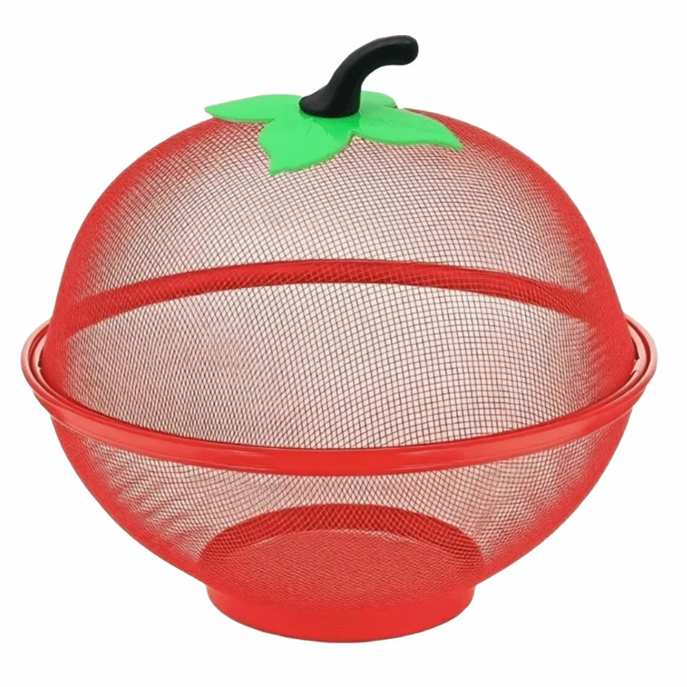 Apple-Shaped Metal Fruit Basket with Mesh Lid